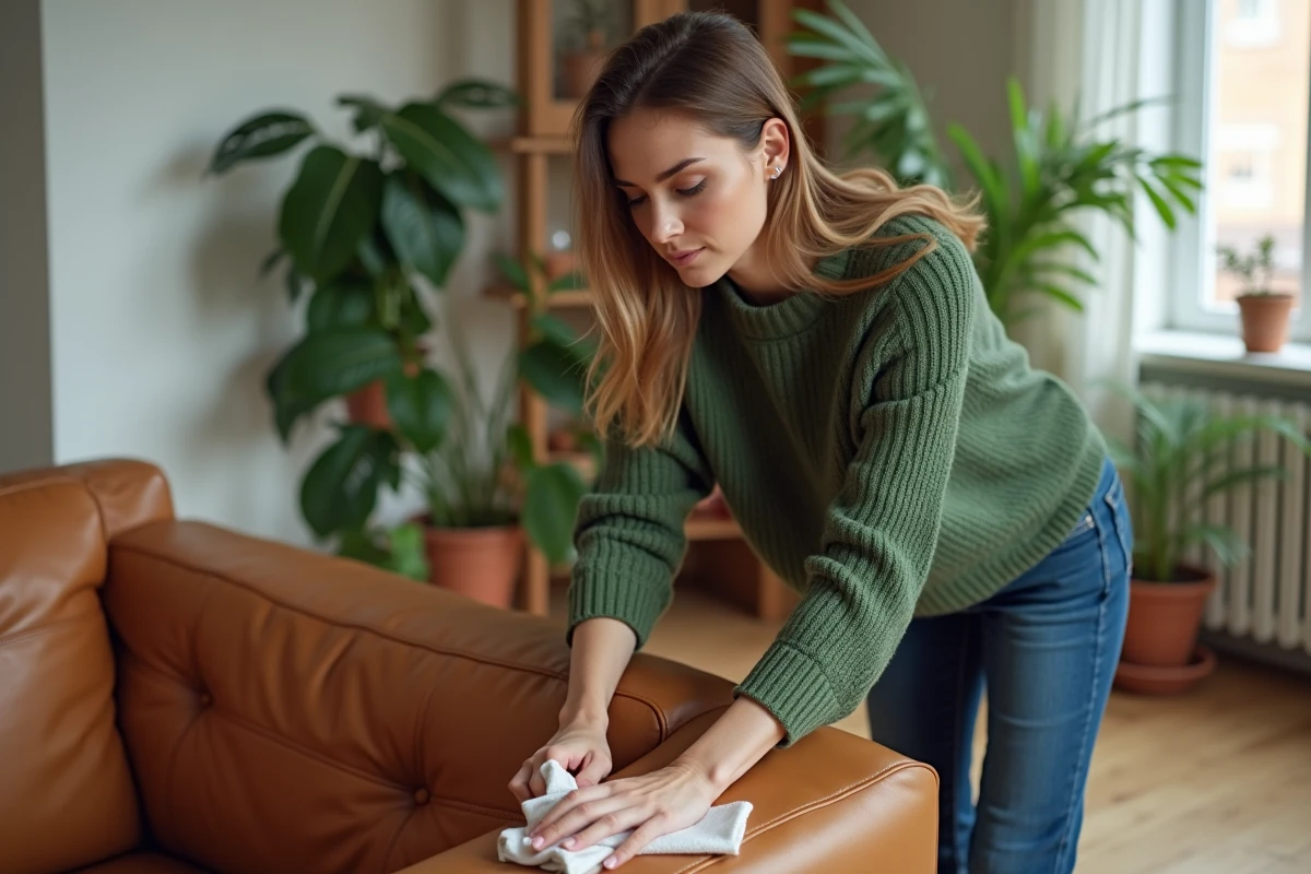 Femme appliquant un nettoyant cuir sur un canapé en cuir caramel