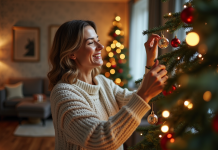 Suggestions artistiques pour magnifier votre sapin avec des boules en verre pour Noël Femme en pull de Noël accrochant une boule sur un arbre décoré
