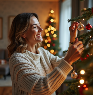Suggestions artistiques pour magnifier votre sapin avec des boules en verre pour Noël Femme en pull de Noël accrochant une boule sur un arbre décoré
