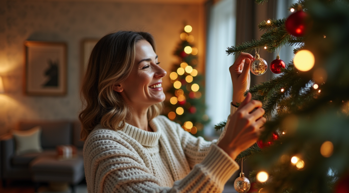 Femme en pull de Noël accrochant une boule sur un arbre décoré