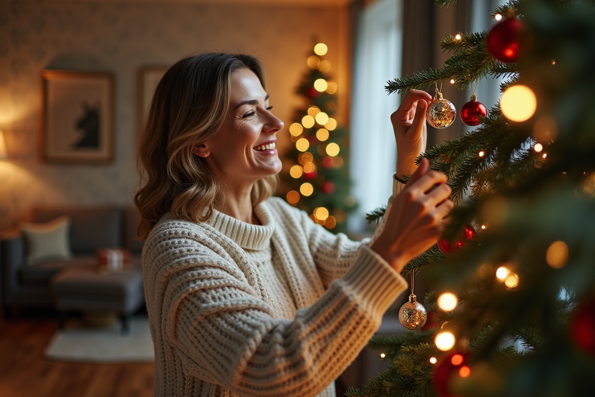 Femme en pull de Noël accrochant une boule sur un arbre décoré