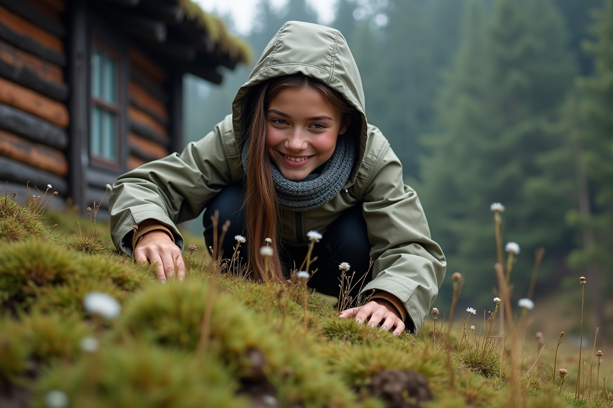 Jeune femme norvegienne examinant des plantes sur le toit