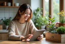 Jeune femme avec plantes en intérieur lumineux