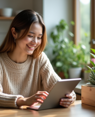 Jeune femme avec plantes en intérieur lumineux