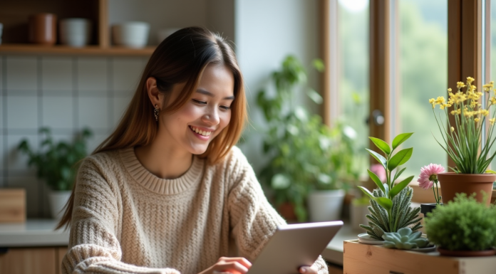 Jeune femme avec plantes en intérieur lumineux