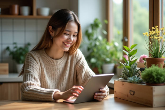 femme-plantes-salon Jeune femme avec plantes en intérieur lumineux
