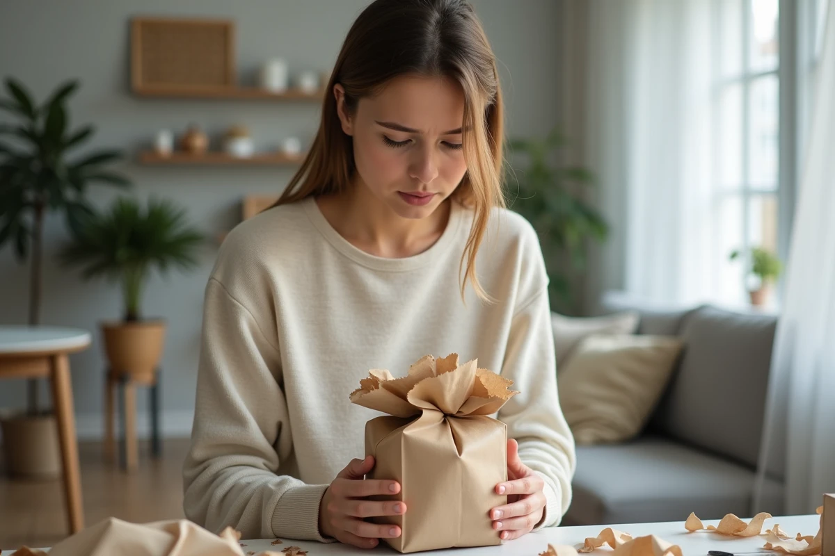 Jeune femme fâchée tenant une poche cadeau froissée