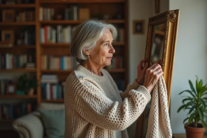Femme d'âge moyen drapant un tissu brode sur un miroir ancien
