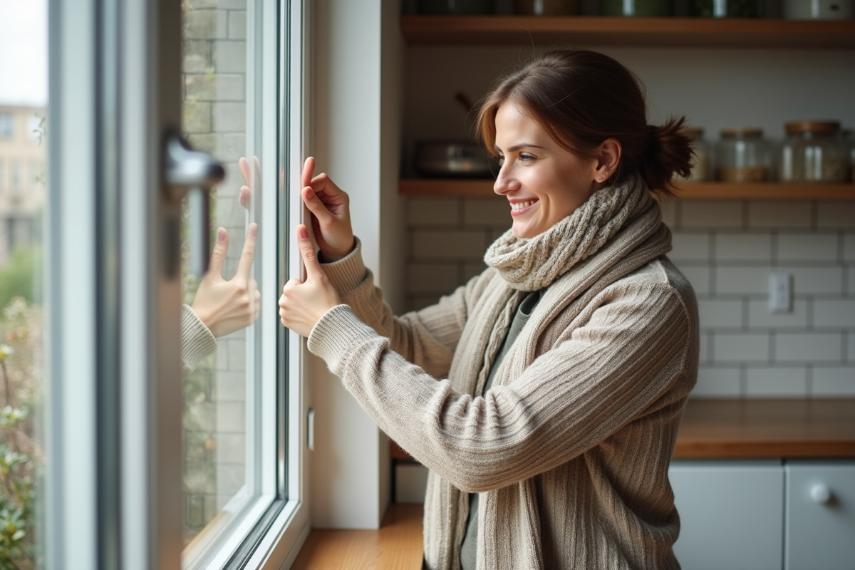 Femme posant un joint d isolation sur une fenêtre PVC moderne
