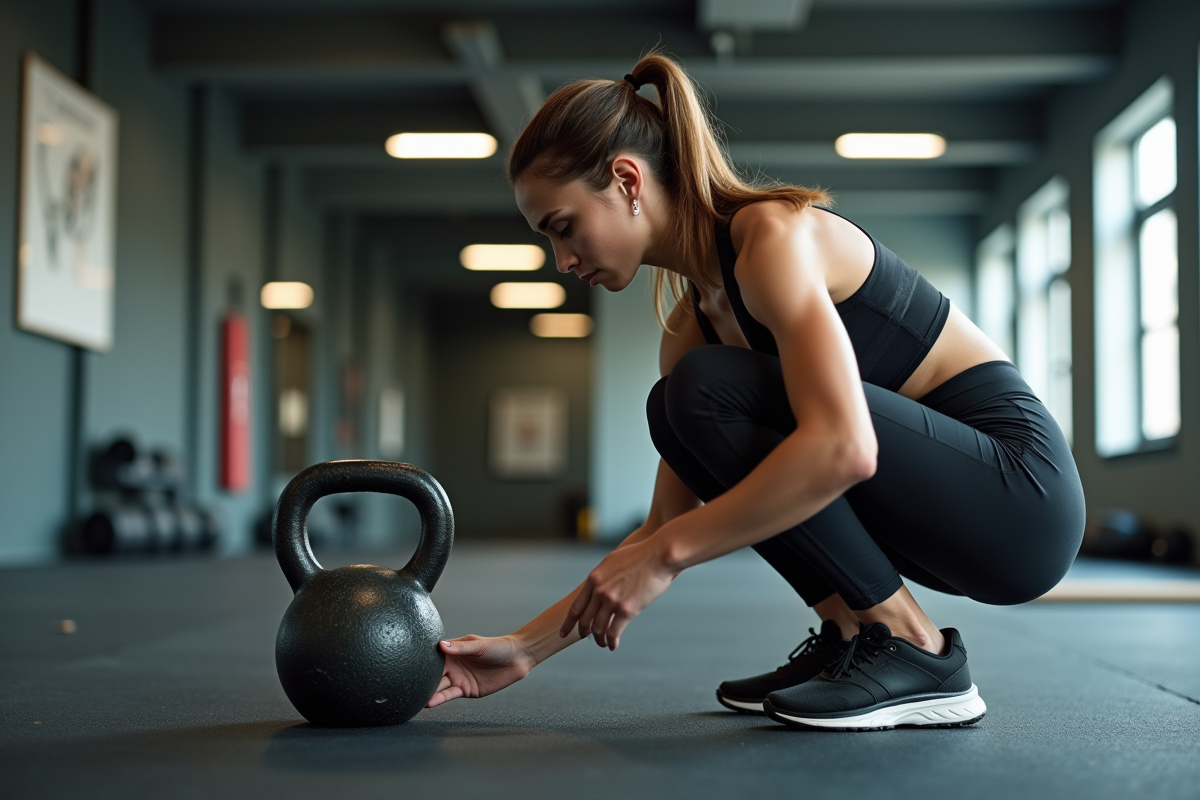 Jeune femme sportive inspecte kettlebell en salle de sport