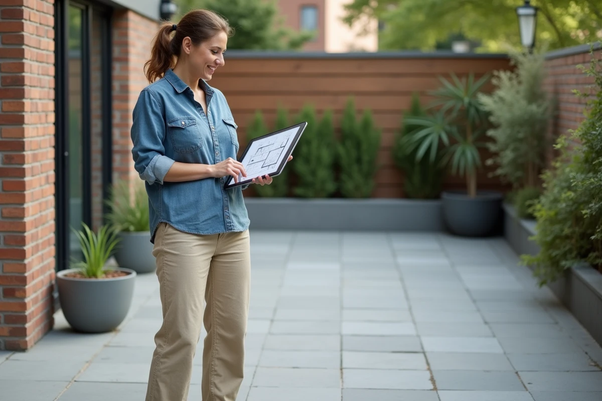 Femme debout sur une terrasse aménagée avec des dalles modulaires en caoutchouc comme alternative au terrasto sur une dalle béton irrégulière, consultant un plan sur tablette dans un jardin urbain