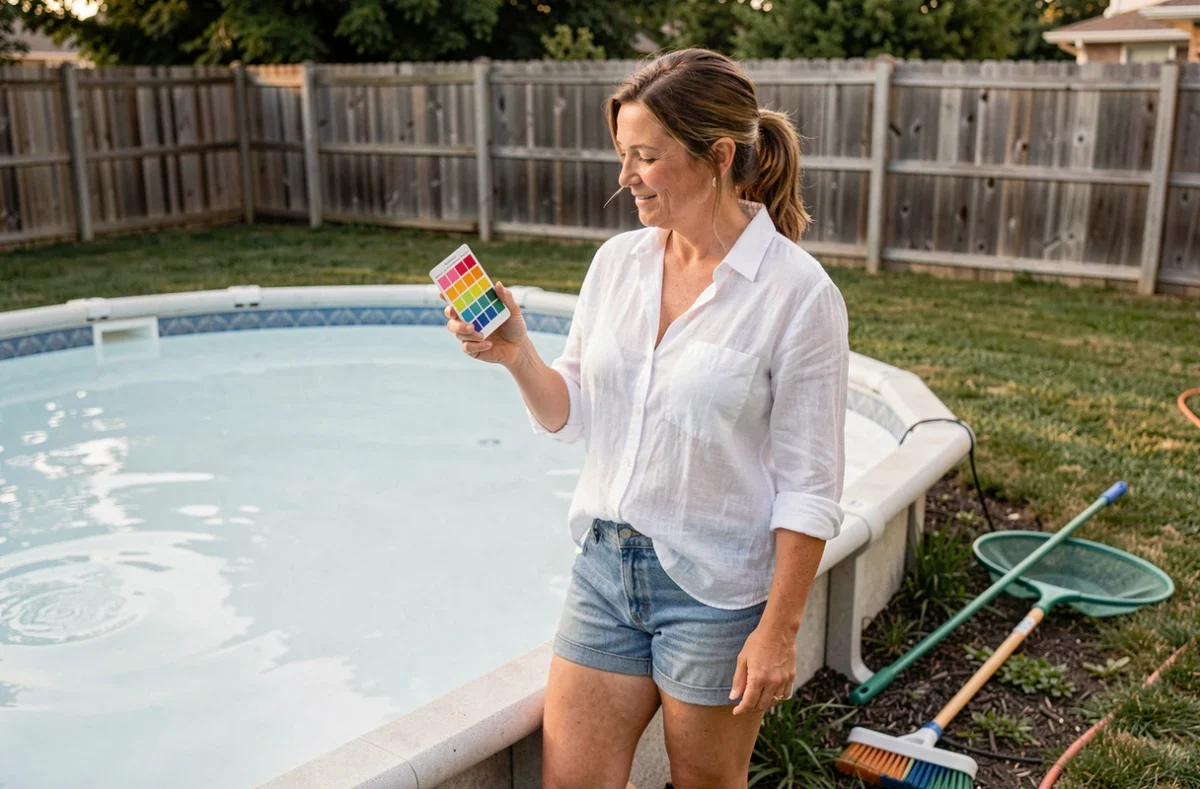 Femme testant la qualité de l'eau d'une piscine laiteuse avec une bandelette de test de chlore