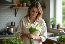 Femme en cuisine coupant des lys dans un intérieur lumineux