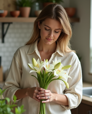 Femme en cuisine coupant des lys dans un intérieur lumineux