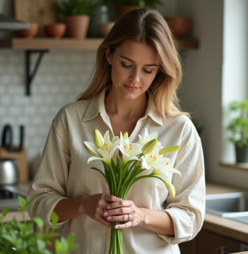Cultiver des lys à partir d’un bouquet : conseils et astuces faciles Femme en cuisine coupant des lys dans un intérieur lumineux
