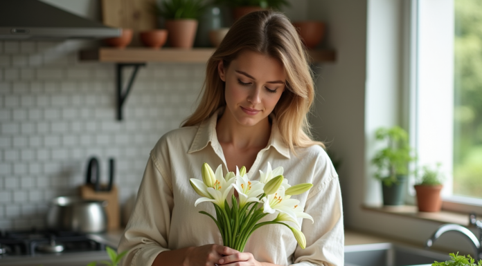 Femme en cuisine coupant des lys dans un intérieur lumineux