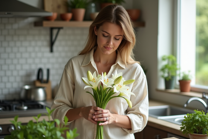Femme en cuisine coupant des lys dans un intérieur lumineux