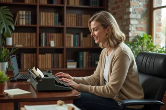 Femme d'âge moyen examinant une machine à écrire vintage dans son bureau