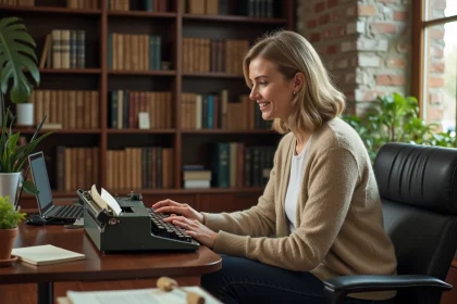 Femme d'âge moyen examinant une machine à écrire vintage dans son bureau
