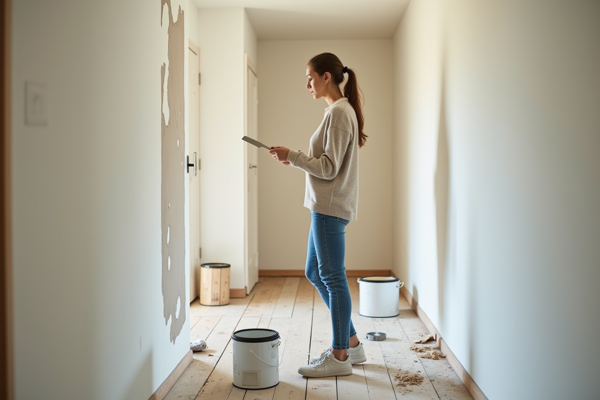 Jeune femme examinant un mur enduit dans un appartement