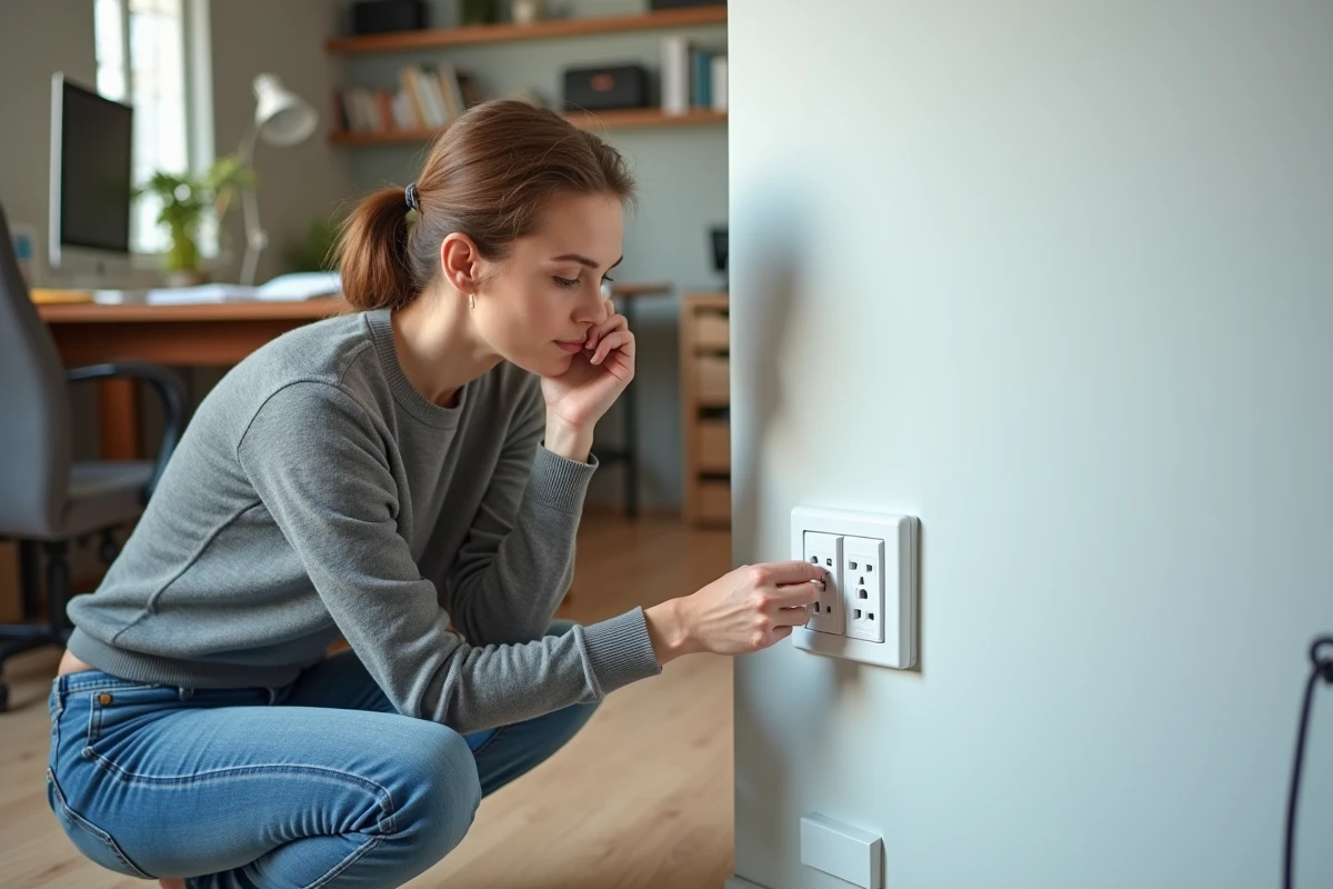 Femme inspectant une prise électrique dans un bureau lumineux