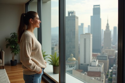 Jeune femme regardant la ville depuis son appartement