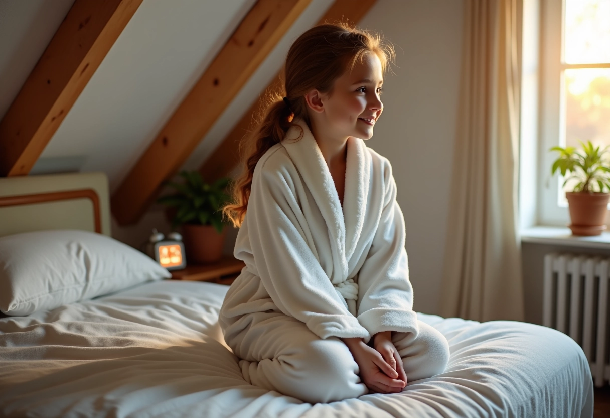 Jeune fille en peignoir se relaxant au matin dans sa chambre lumineuse