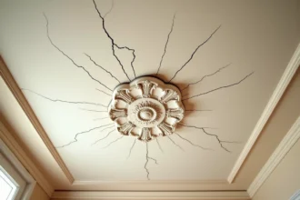 Fissures fines autour d'une rosace en plâtre ancienne sur un plafond haussmannien, révélant la patine et les craquelures caractéristiques d'un plafond qui travaille