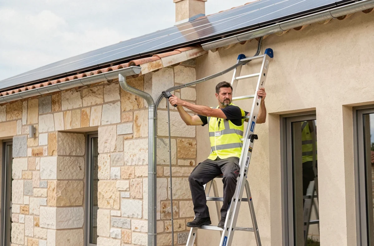 Technicien de Flashalarm posant le câblage extérieur d'une installation solaire sur une villa provençale