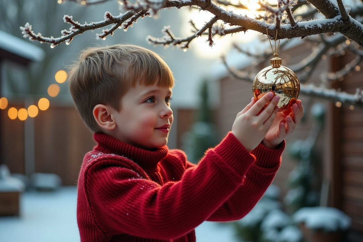Jeune garçon en pull rouge posant une boule sur un sapin enneige