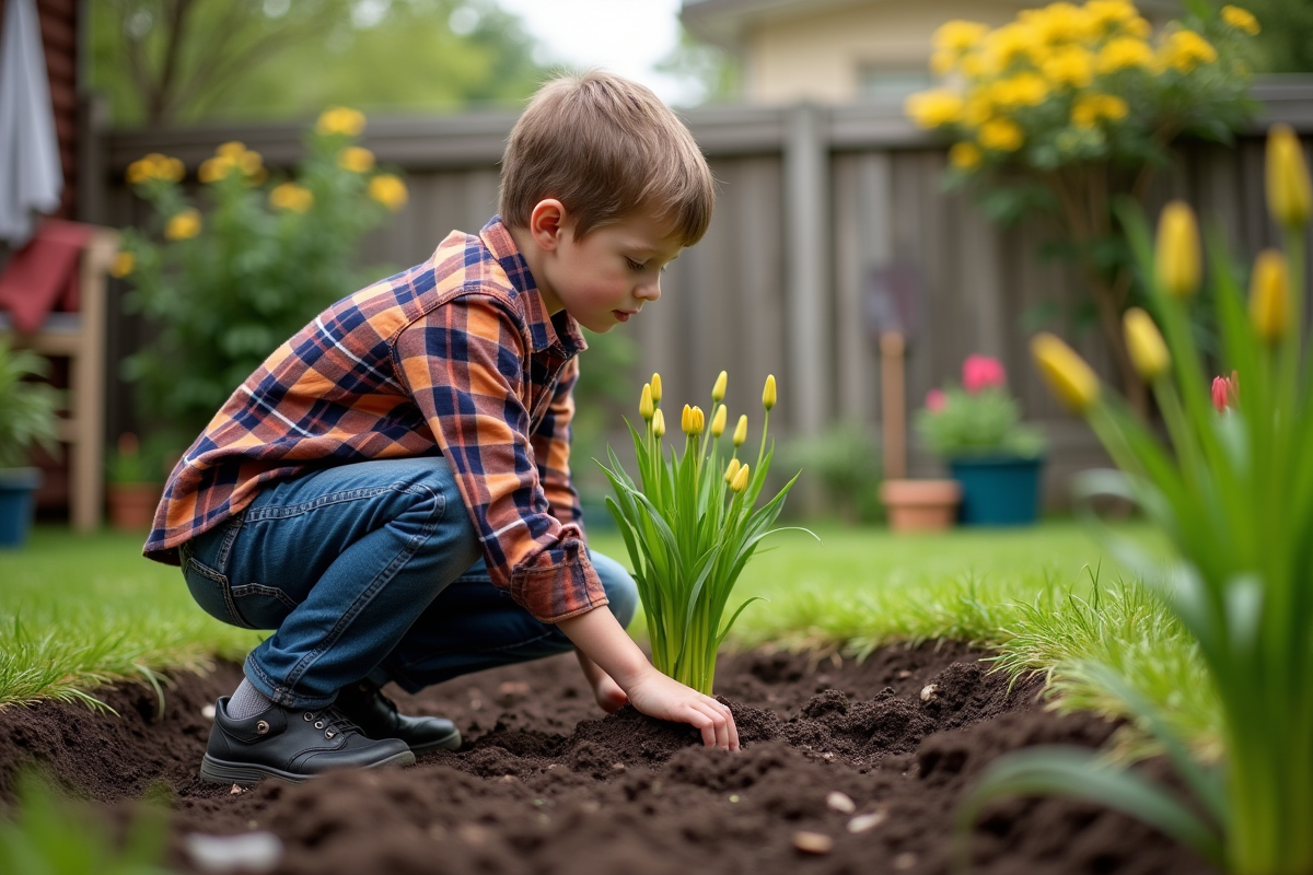 Jeune garçon plantant des lys dans un jardin verdoyant