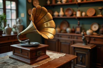 Gramophone ancien à pavillon en laiton patiné posé sur un buffet en chêne dans une boutique d'antiquités