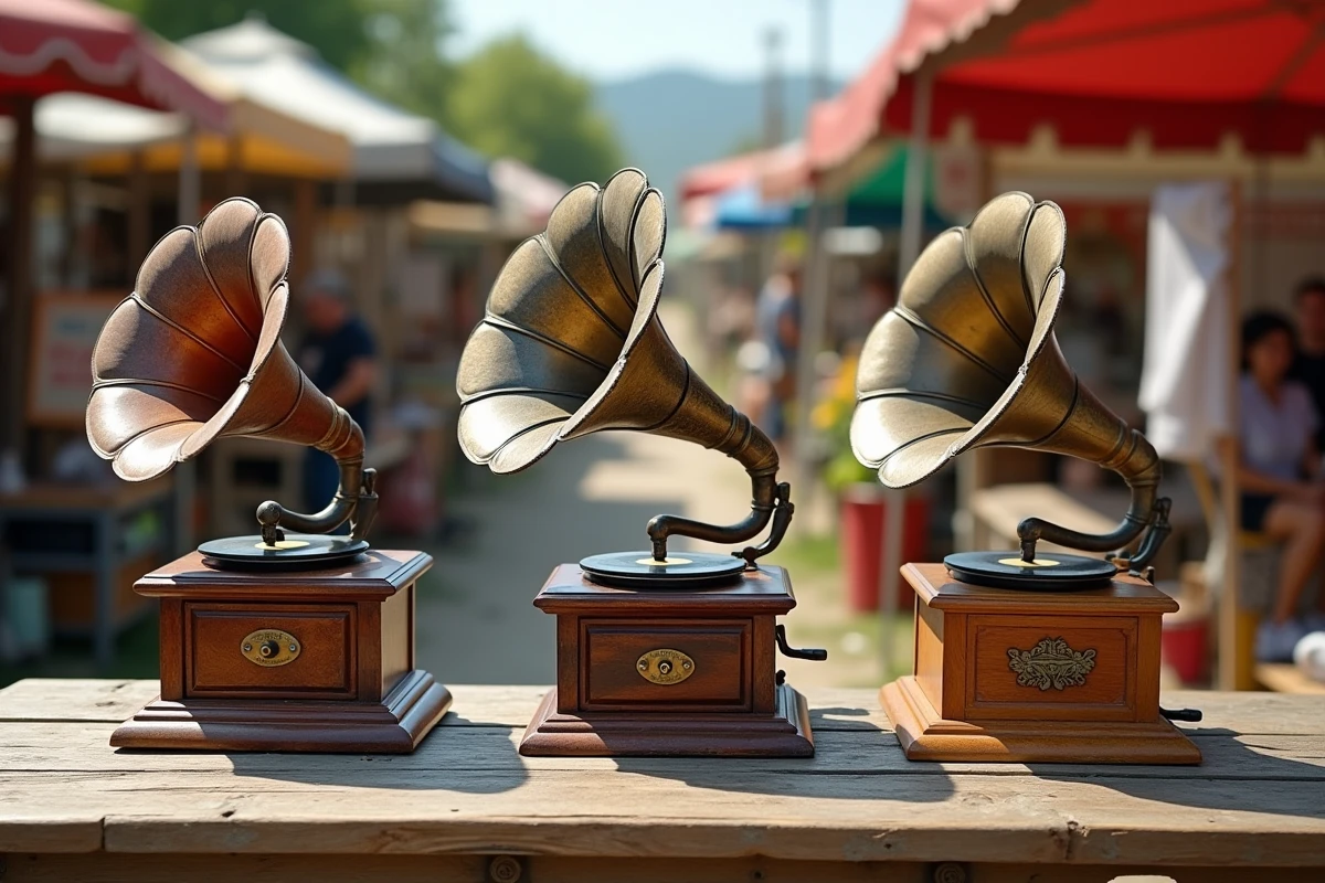 Trois gramophones anciens de différentes époques alignés sur une table en bois lors d'un marché aux puces
