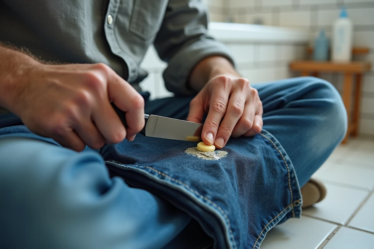 Homme grattant du chewing-gum séché sur un jean avec un couteau à beurre