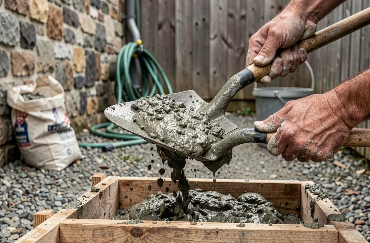 Gros plan sur des mains versant du béton dosé à la pelle dans un coffrage en bois