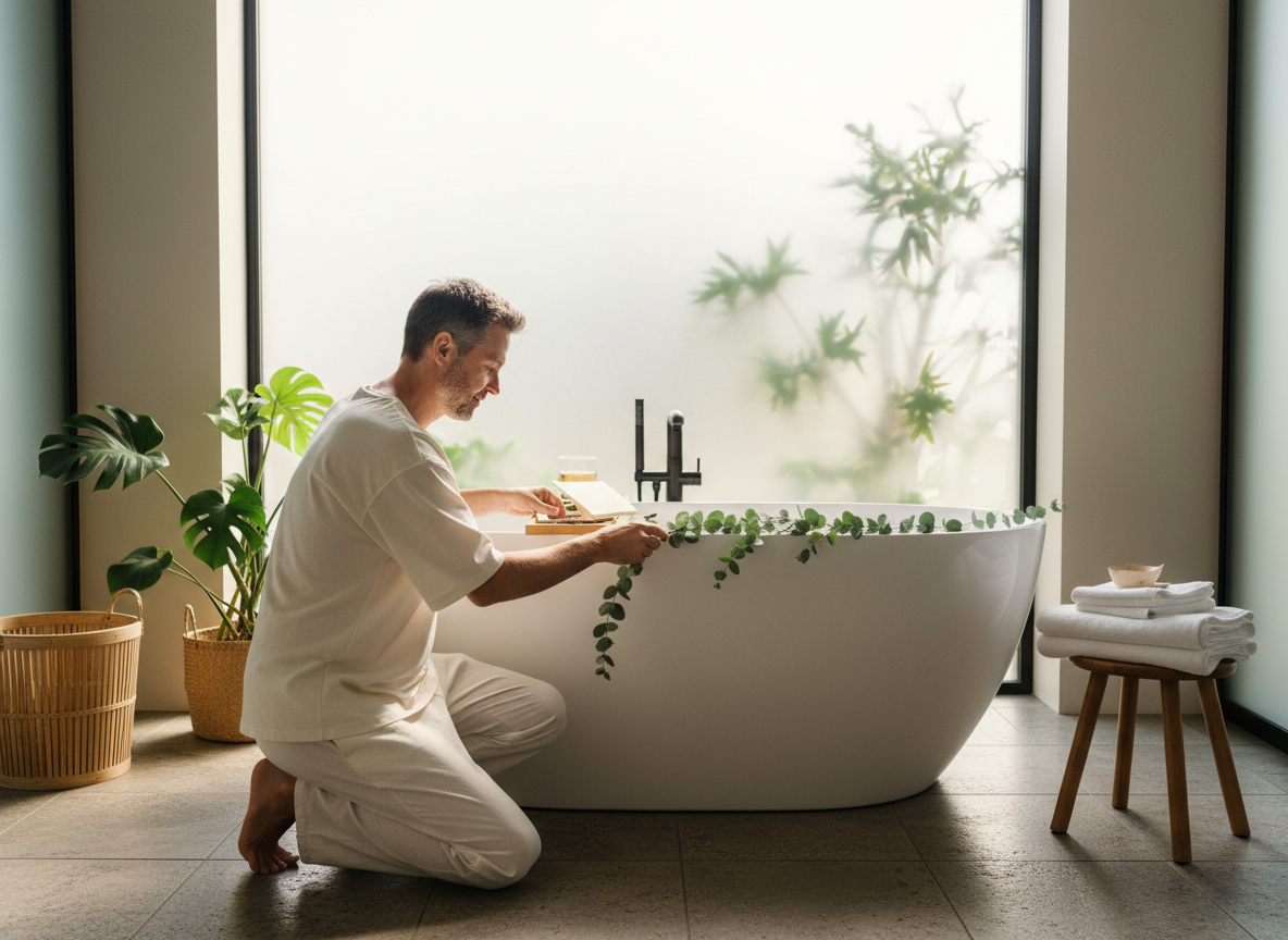 Homme arrangeant des eucalyptus dans un bain lumineux