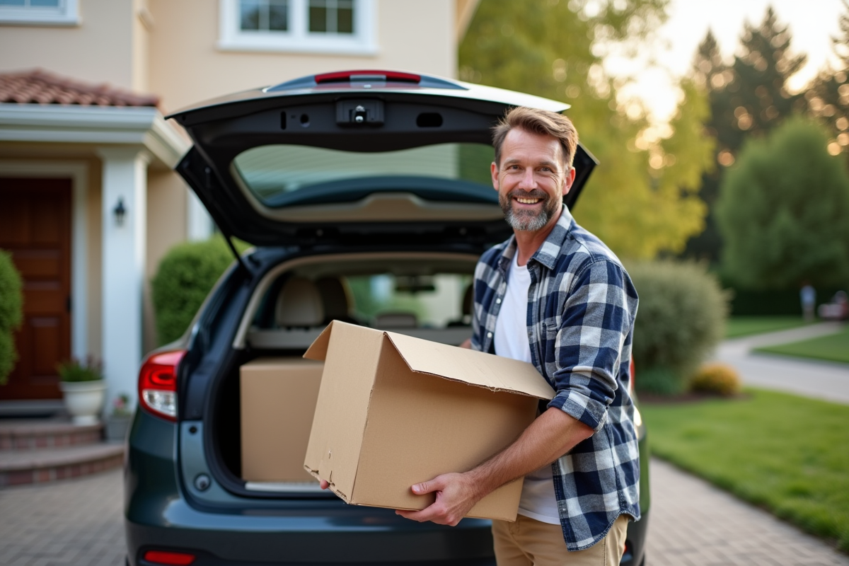 Homme chargeant des cartons dans une voiture en extérieur