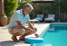 Chlore piscine : Quand et comment utiliser une pastille de chlore ? Homme d'âge moyen manipulant un comprimé de chlore près de la piscine