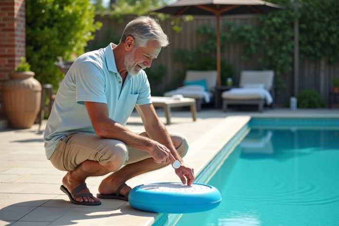 Homme d'âge moyen manipulant un comprimé de chlore près de la piscine