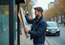Récupérer les affiches des Abribus : astuces simples et efficaces pour y parvenir Homme en veste marine déployant une affiche colorée dans un abri bus