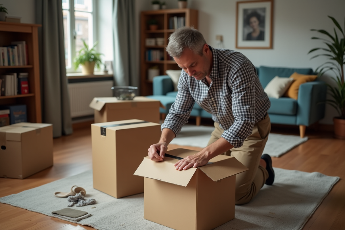 Homme pliait et scelle des cartons dans un salon chaleureux