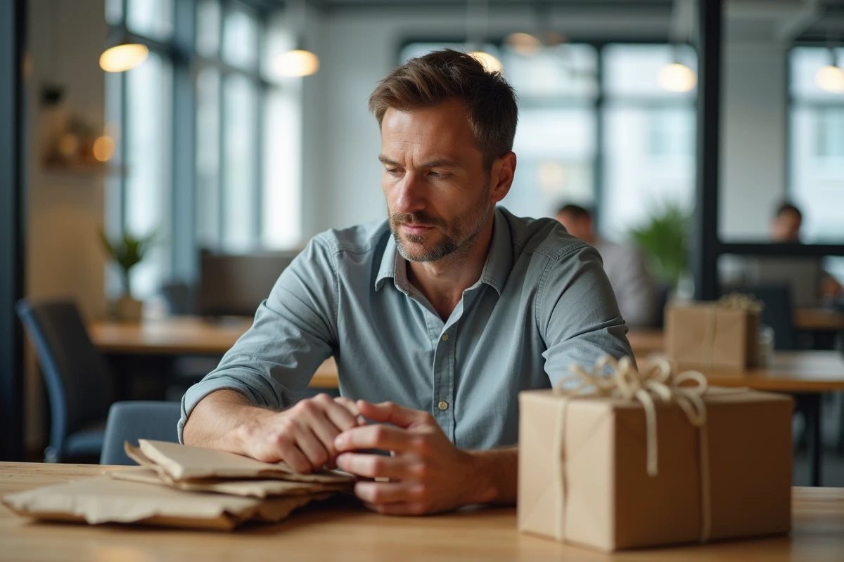 Homme middleaged analysant poche cadeau abîmée au bureau
