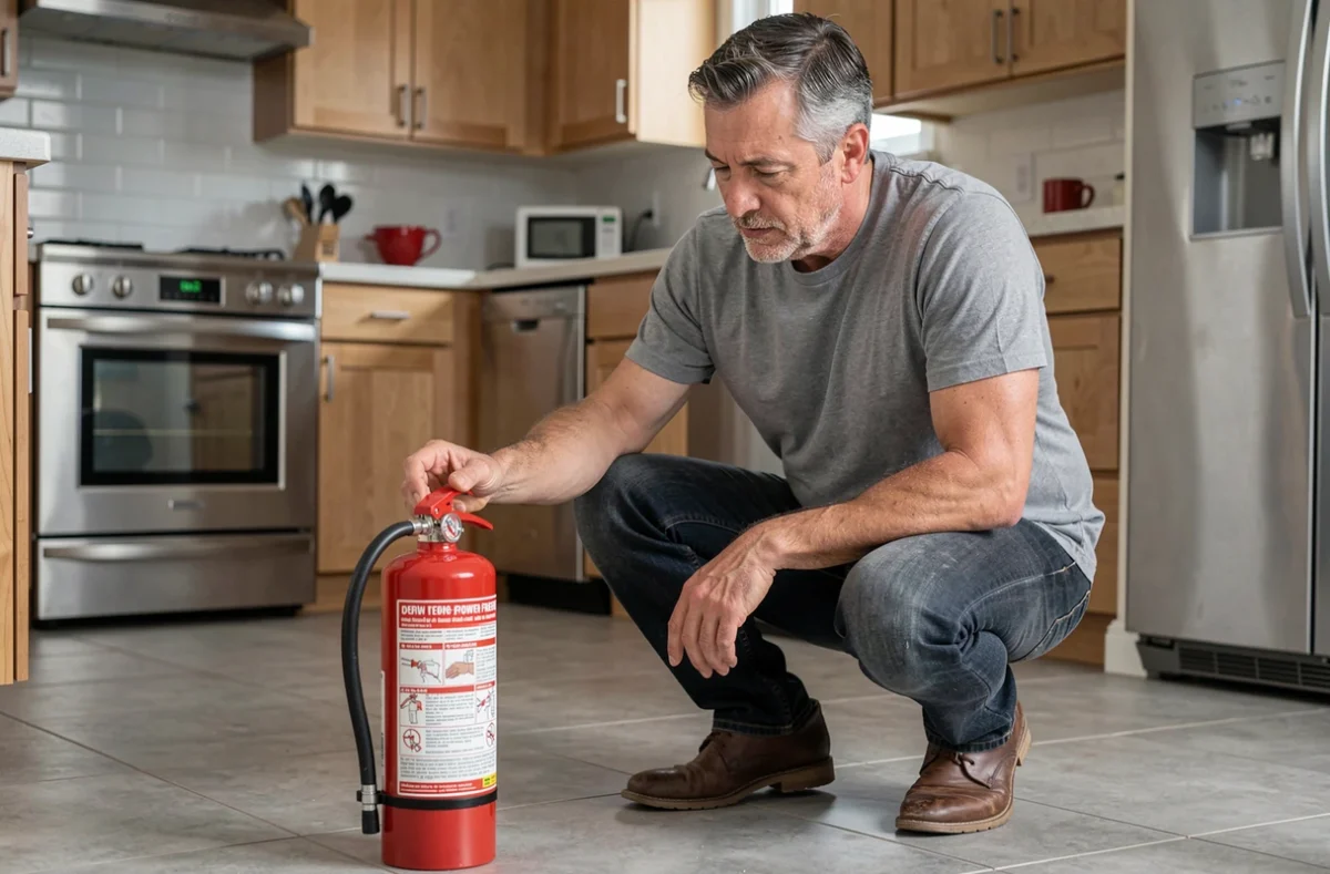 Homme lisant les instructions d'un extincteur adapté aux feux électriques dans une cuisine d'appartement