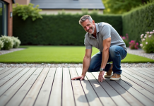 Homme en polo inspectant une terrasse en composite