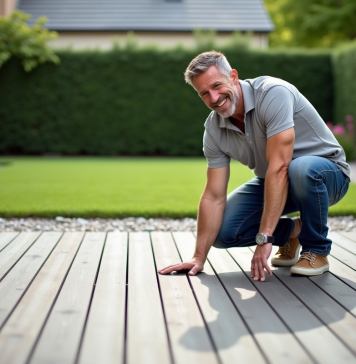 Meilleur matériau terrasse extérieure : avantages et choix à considérer Homme en polo inspectant une terrasse en composite