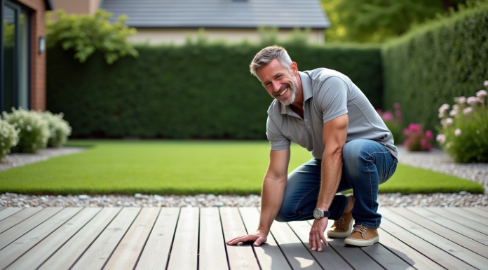 Homme en polo inspectant une terrasse en composite