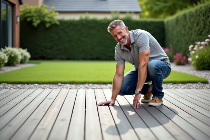 homme-inspecte-terrasse-bois Homme en polo inspectant une terrasse en composite