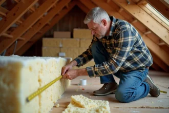 Homme mesurant l'isolation en laine de bois dans un grenier