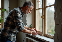 Réparer ponts froids fenêtres : solutions efficaces et pratiques Homme appliquant du ruban isolant sur une vieille fenêtre en bois