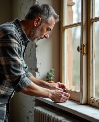 Homme appliquant du ruban isolant sur une vieille fenêtre en bois